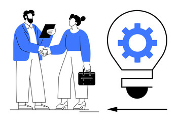 Two professionals shaking hands, one holding a document, and a gear inside a light bulb illustrating teamwork, business strategy, innovation, partnership, problem-solving, idea generation