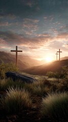 Obraz premium Crosses at Sunrise in a Serene Valley Surrounded by Mountains and Lush Foliage