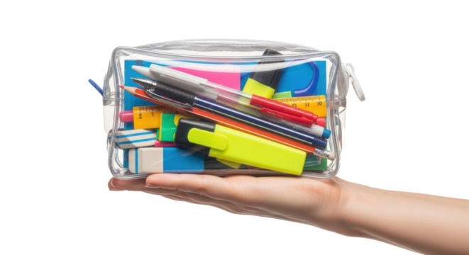 A hand holding a clear pencil case filled with various school supplies on a black background scene shot