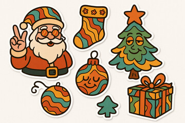 Obraz premium Groovy Hippie Christmas Stickers – Retro Santa, Tree, Gifts and Ornaments in 50s–70s Cartoon Vector Style on White