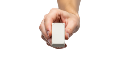 A hand holding a white rectangular eraser against a black background in a close up studio shot