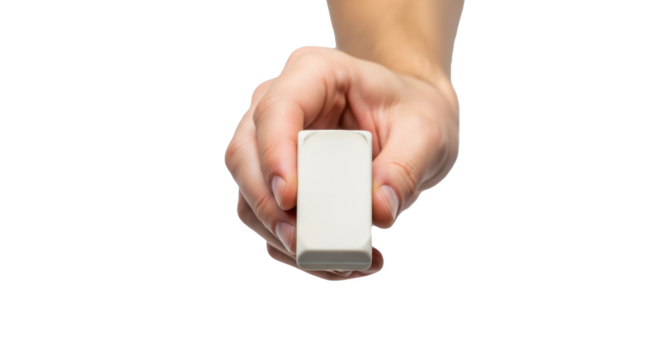 A hand holding a white rectangular eraser against a black background in a close up studio shot