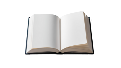 An open book with a blue hardcover, lying on a white background. Both pages are completely clean and blank, ready for text, images or any other content. The binding and some pages are visible from the
