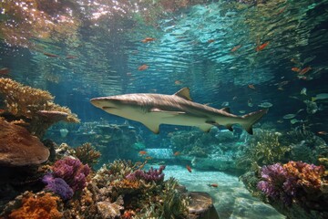Obraz premium Vibrant Shark Reef Ecosystem: A Glimpse into Underwater Wildlife Amidst Coral and Colorful Fish