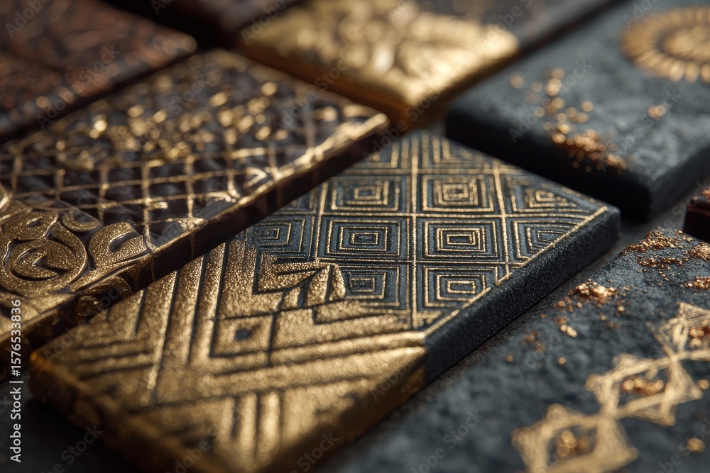 Poster decorative rectangular tiles with gold accents displaying various patterns and textures