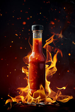 A bottle of spicy red hot sauce surrounded by vibrant orange flames and glowing embers, symbolizing intense flavor.