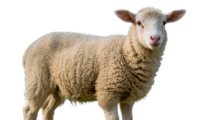 Obraz premium A close-up of an adorable, fluffy lamb standing and looking straight at the camera against a clean white background. Its light, thick fur and innocent look highlight the natural beauty and friendlines