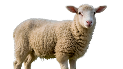 A close-up of an adorable, fluffy lamb standing and looking straight at the camera against a clean white background. Its light, thick fur and innocent look highlight the natural beauty and friendlines