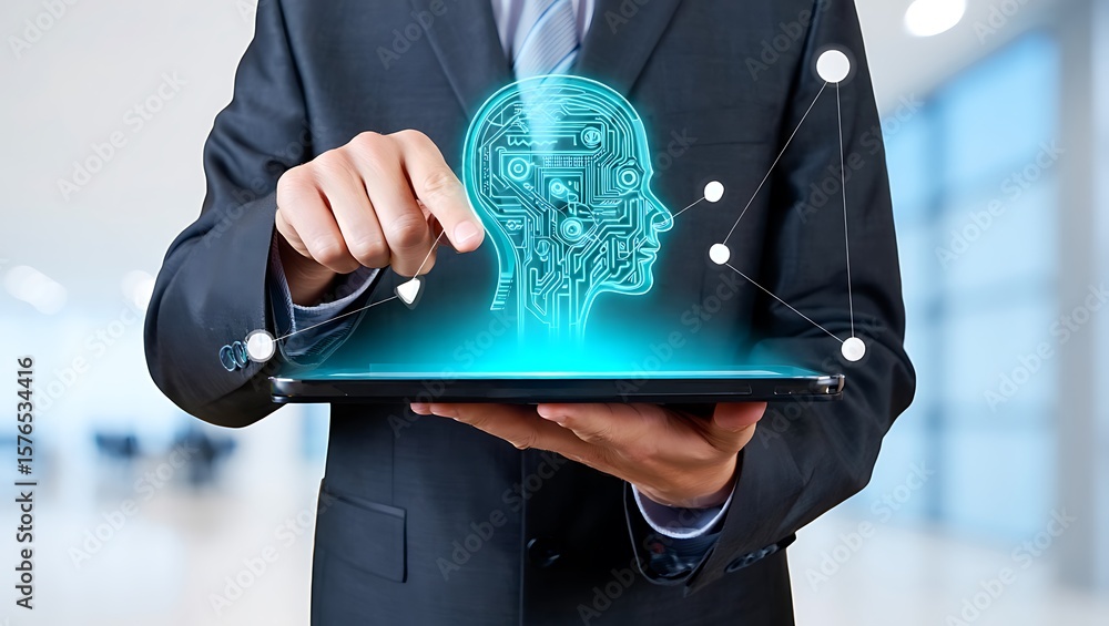 Poster artificial intelligence integration presented by business professional, technology solutions for com