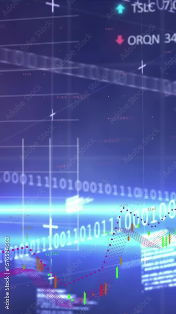 Poster animation of graphs, trading board, binary codes and computer language over abstract background