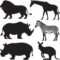 Lion giraffe rhino zebra kangaroo silhouettes vector