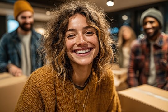 Young woman smiling with friends moving boxes into new home