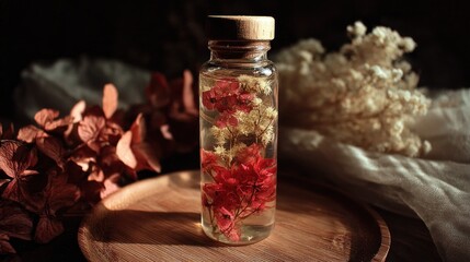 Pressed flowers in a glass bottle