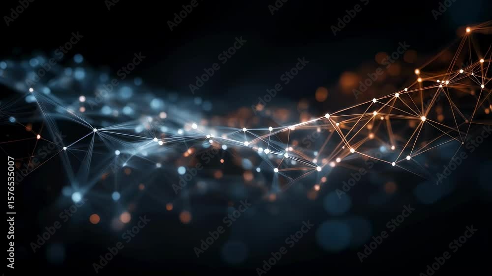 Poster an abstract representation of a sprawling network graph illustrating data points linked by various r