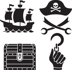 Pirate ship treasure chest skull hat hook vector
