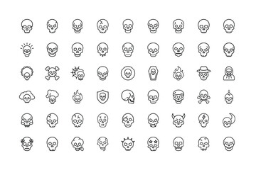 Collection of Forty Different Skull Icons with Various Styles and Accessories