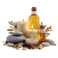 Spa candles with essential oil bottles and massage stones for relaxation isolated on transparent white background