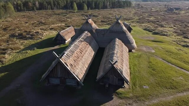 Aerial perspective of a reconstructed viking longhouse village with thatched roofs nestled in a natural landscape under a clear sky