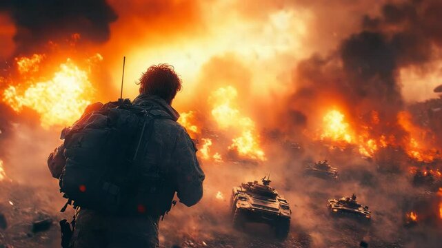 Soldier observing advancing tanks amid massive explosions and heavy smoke on battlefield, dramatic cinematic style, war zone concept
