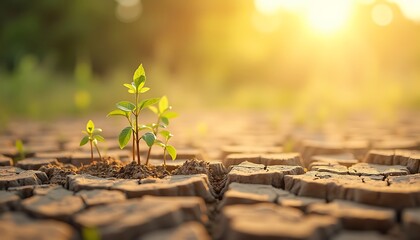 Small Plant Growing in Cracked Earth Symbolizing Hope and New Life