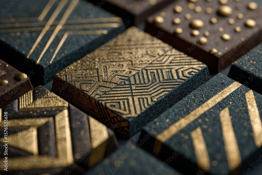 Poster decorative rectangular tiles with gold accents displaying various patterns and textures
