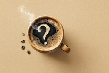 A hot cup of coffee with steam forming a question mark on a light brown background.
