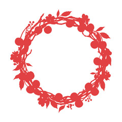 graphic illustration round frame of cherry fruit, branches, leaves and flowers in red