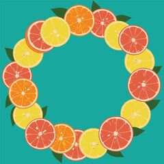 illustration of round frame of lemon, orange, grapefruit slices and leaves on green color