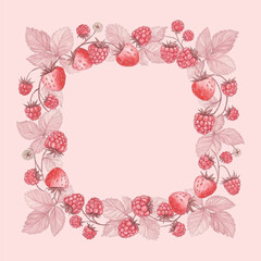 fruit frame of strawberries, raspberries, and leaves