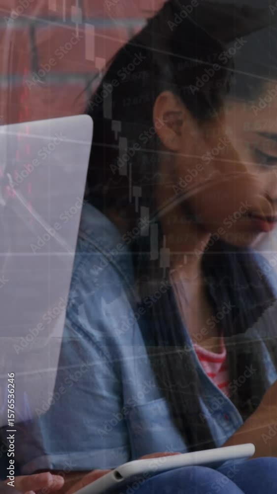 Poster animation of data processing against group of diverse students using electronic devices at school