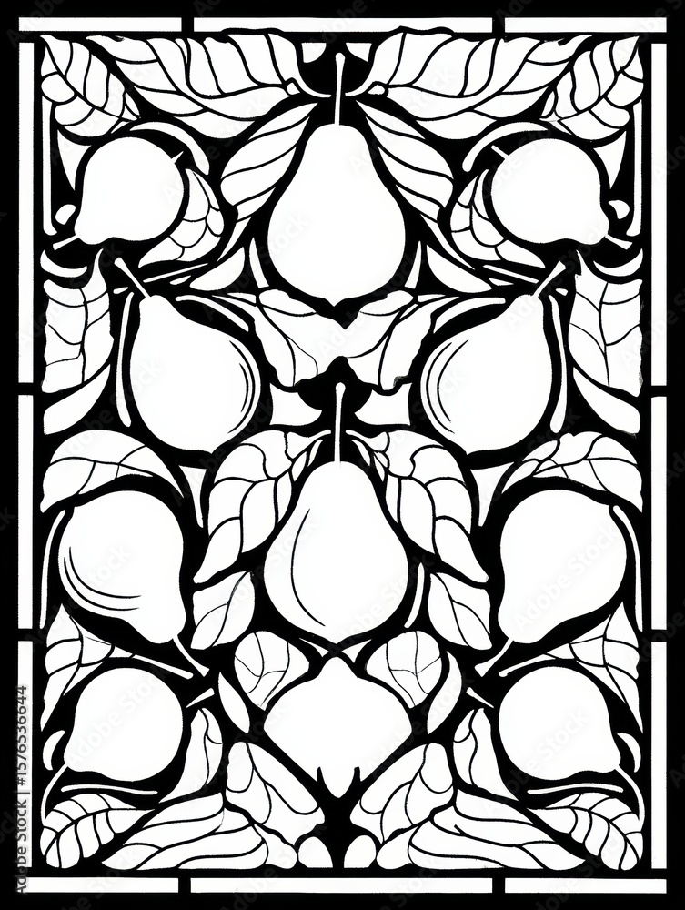 Poster art deco design featuring stylized pears and leaves, showcasing intricate patterns with an open top 