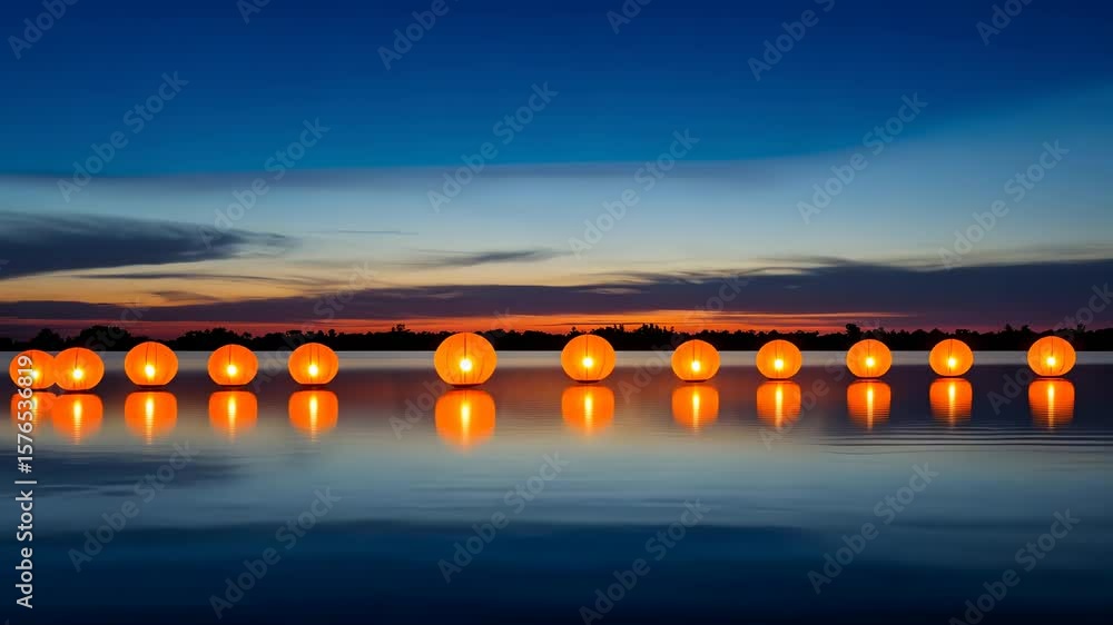 Poster serene floating lanterns illuminating calm water at dusk