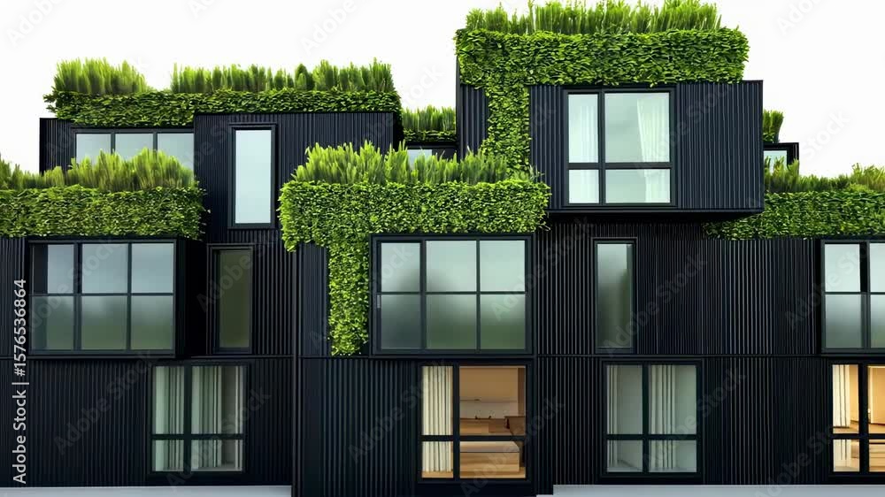 Poster modern eco-friendly architecture with greenery on rooftops