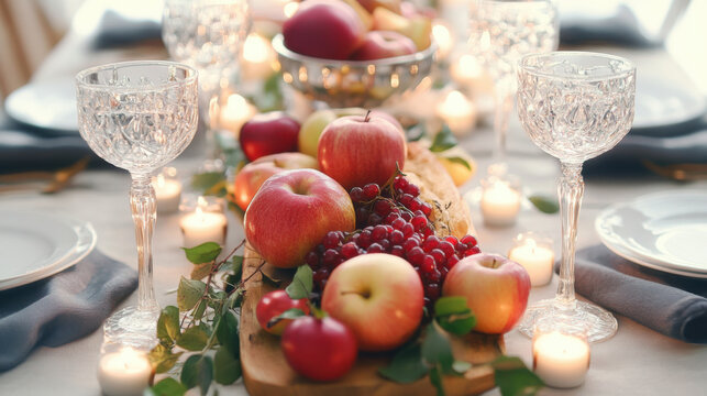 Bright Rosh Hashanah table with apples, honey, challah. Jewish holiday concept