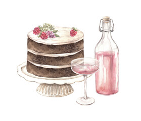 Naklejka premium Multilayer cake with layers, white butter cream, flower and raspberry decoration, pink wine and glasses. Watercolor illustration of cake on a stand for confectionery, bakery, sweet products decoration