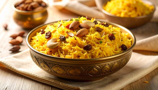Zafrani Pulao with Dry Fruits in Ceramic Bowl