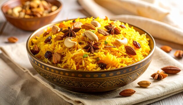 Zafrani Pulao with Dry Fruits in Ceramic Bowl