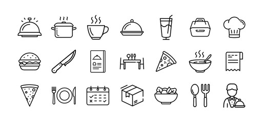 Restaurant and food service icon set. Vector line pictograms of menu, chef, plate, cutlery, meal, reservation, delivery, fast food, drink, and kitchen tools illustration.