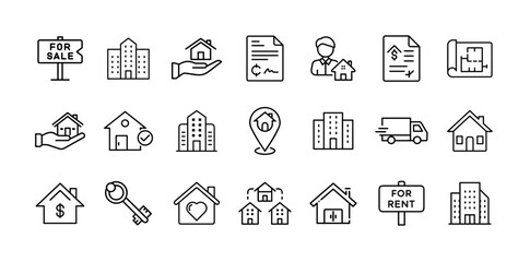 Real estate and property icon set. Vector line pictograms of house, apartment, rent, sale, location, key, contract, agent, mortgage, and home investment illustration.