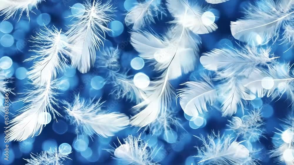 Poster delicate white feathers floating on a blue background with bokeh effects