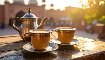 Fototapeta premium Pakistani Doodh Patti Chai in Steel Cup on Roadside Table