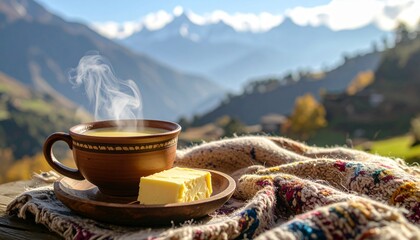 Nepalese Butter Tea in Clay Cup with Himalayan Backdrop