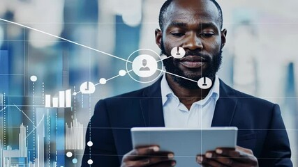 businessman using tablet in modern office with digital graphs - Powered by Adobe