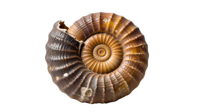 A close-up of an ammonite fossil. The shell has a distinctive spiral shape, divided into segments. The texture and detailed structure of the shell are clearly visible in the image, as well as the diff