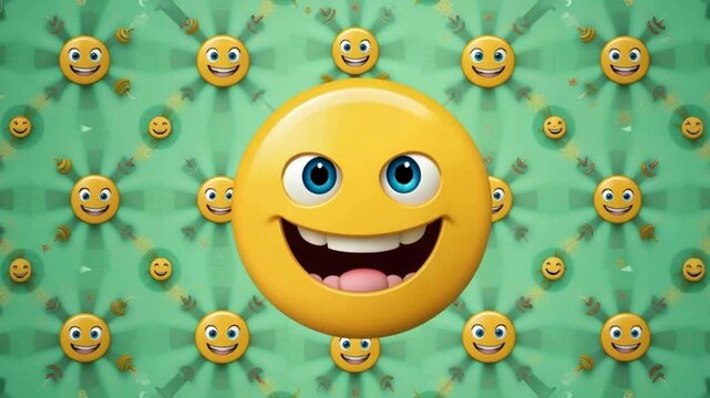 Repeating pattern of happy yellow emoji faces on green background, creating a fun and cheerful mood with simple and modern cartoon design