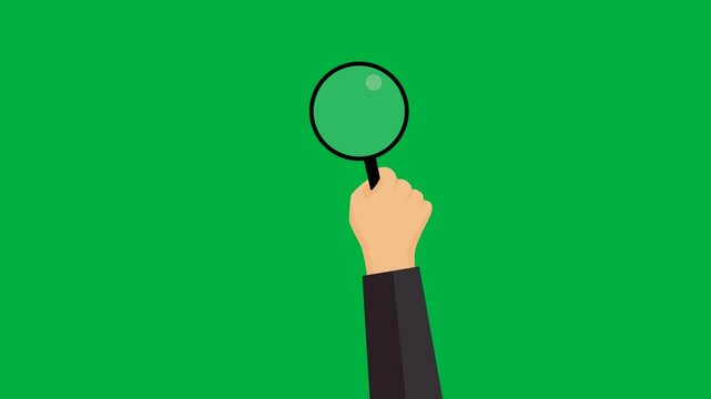 Flat hand with long sleeve holding magnifying glass animation moving in from bottom and searching randomly on green screen. 4K animated for motion graphics, search, investigation, and video editing.