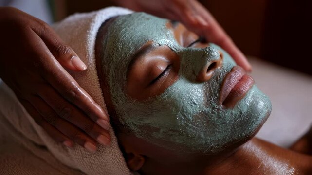 Immerse in the calming vibe of a beauty therapy session where a Black woman enjoys a nourishing green clay facial mask. Surrounded by soft lighting the skilled therapist provides a