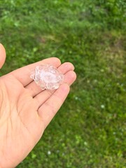 Hand holding large piece of hail on a sunny day in a green lawn during spring season