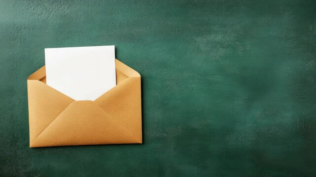 Open brown envelope with blank white letter inside placed on green textured background, studio shot, concept of communication or message delivery