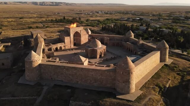 Ancient stone fortress with a perpetual flame burning atop its central structure overlooking a vast arid landscape